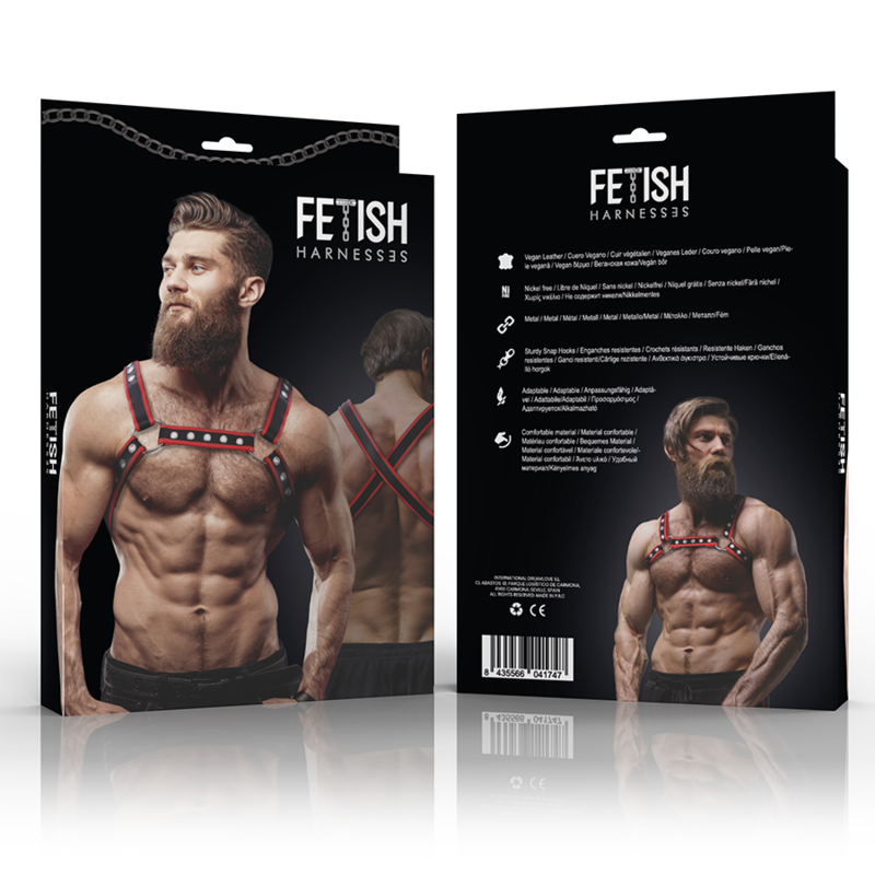 FETISH SUBMISSIVE ATTITUDE - HARNAIS DE POITRINE BULLDOG EN CUIR ÉCOLOGIQUE POUR HOMMES NOIR/ROUGE