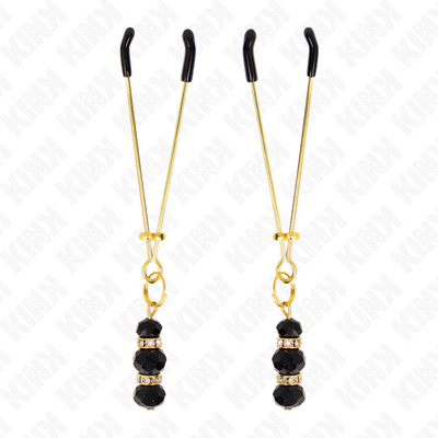 KINK - PINCES À TETON FINES OR AVEC 3 BILLES DE VERRE NOIR 7 CM