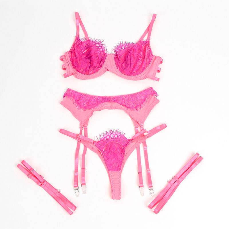 SUBBLIME - 955366 ENSEMBLE SOUTIEN-GORGE AVEC LIGNES DE DENTELLE ET JARRETELLES ROSE ET VIOLET L/XL